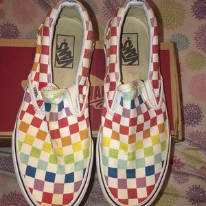 Rainbow Checkerboard Slip On Vans